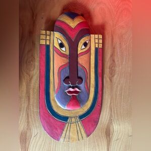 Colorful Hand-Painted Tribal Mask Wall Art - Red, Gold, Blue, Purple